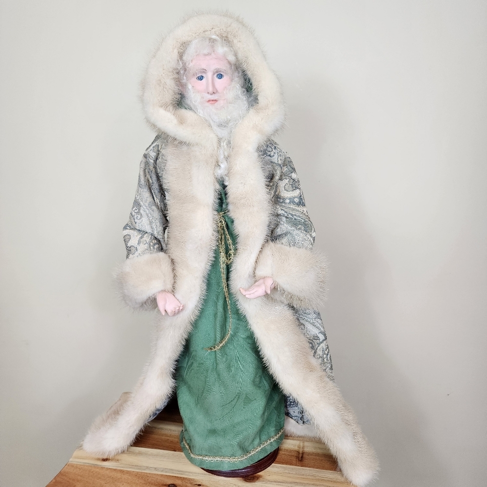 Vintage 24" Ceramic Father Christmas on Wooden Base Tapestry Fur Trim Coat Santa